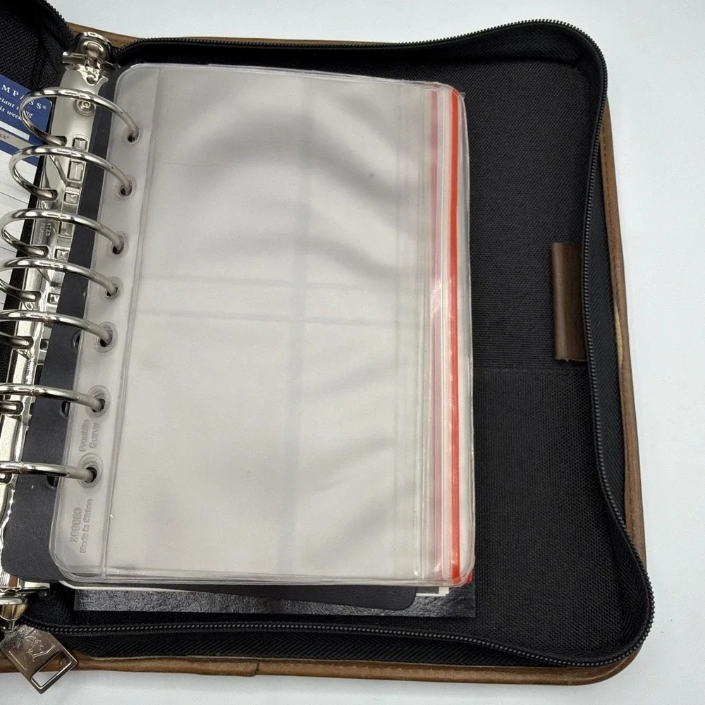 Vtg. Franklin Quest ~Blk. Canvas/Brown Leather Trim ~Green Line Planner Zip